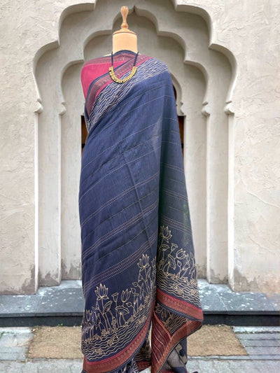 Neelkamal Blue Moonga Cotton Printed Saree