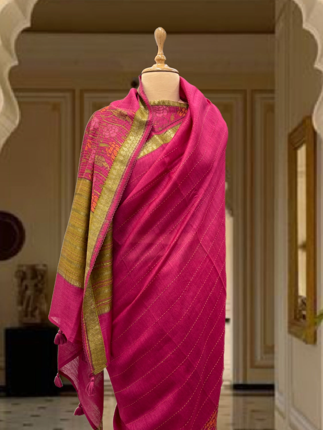 Kampilya Pink Moonga Cotton Printed Saree