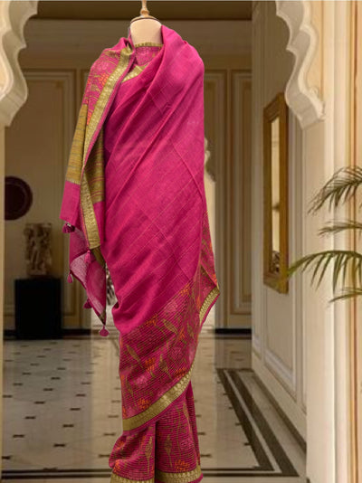 Kampilya Pink Moonga Cotton Printed Saree