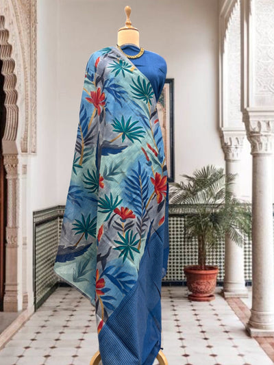 Hand Painted Blue Moonga Cotton Saree