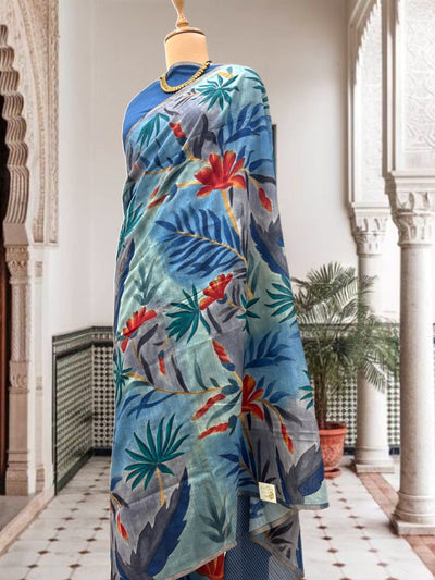 Hand Painted Blue Moonga Cotton Saree