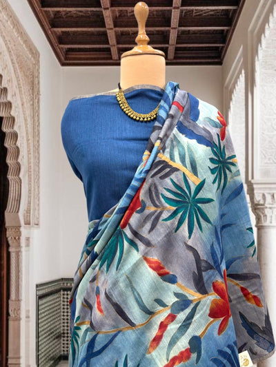 Hand Painted Blue Moonga Cotton Saree