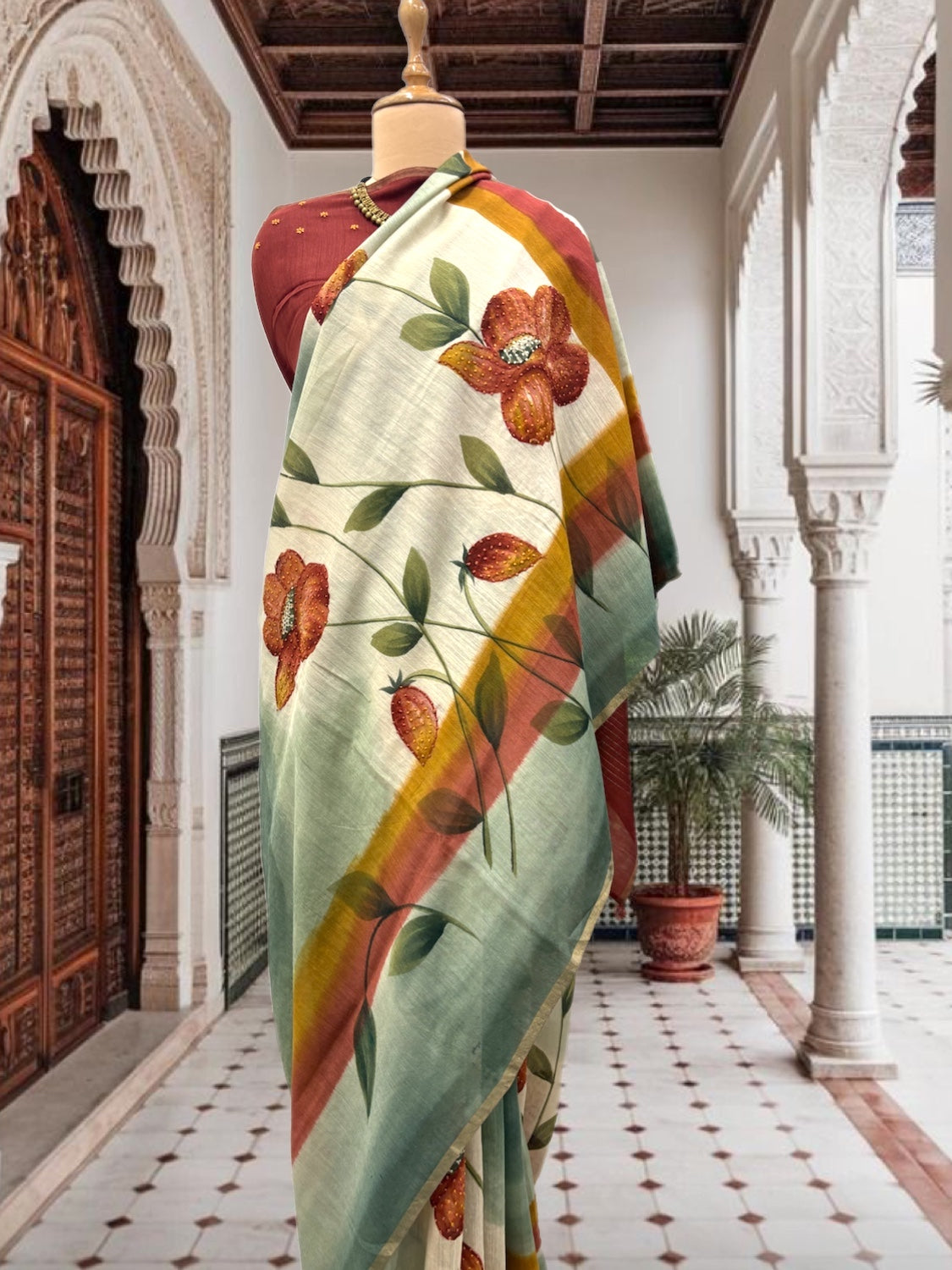 Hand Painted Sea Green Moonga Cotton Saree