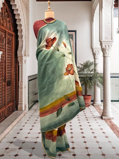Hand Painted Sea Green Moonga Cotton Saree