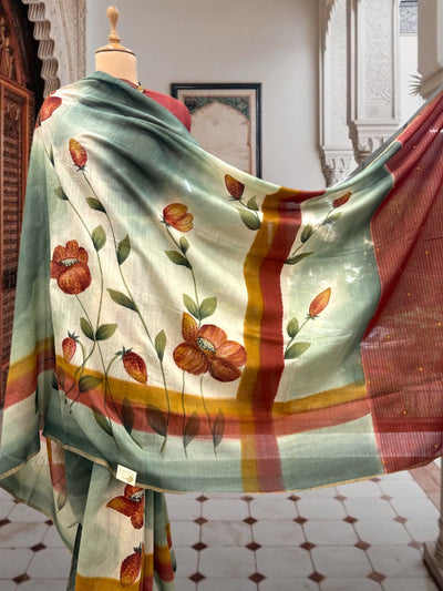 Hand Painted Sea Green Moonga Cotton Saree