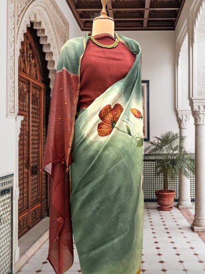 Hand Painted Sea Green Moonga Cotton Saree