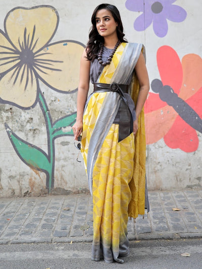 Florence Yellow & Grey Moonga Silk Saree
