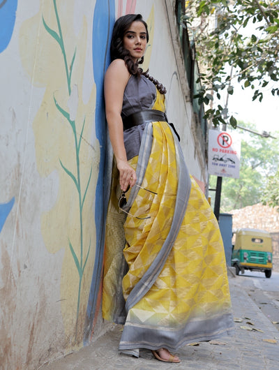 Florence Yellow & Grey Moonga Silk Saree