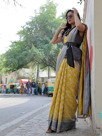 Florence Yellow & Grey Moonga Silk Saree
