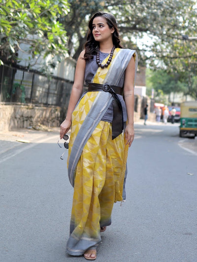 Florence Yellow & Grey Moonga Silk Saree