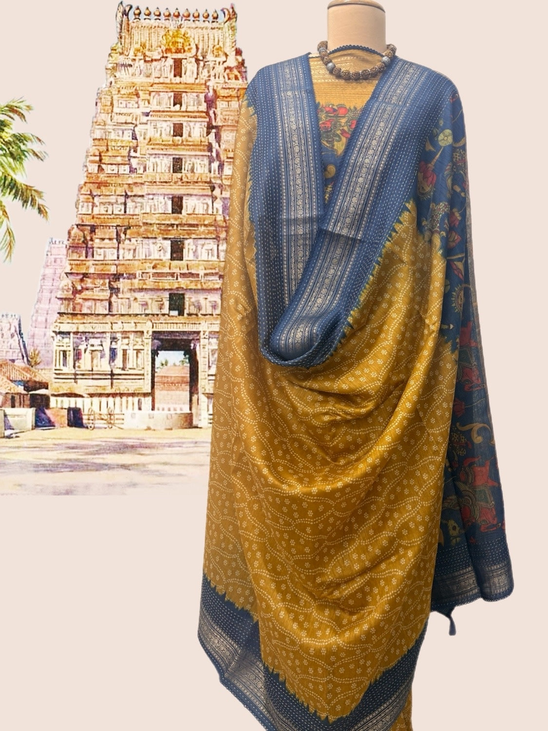Virupaksha Mustard & Blue Moonga Cotton Saree