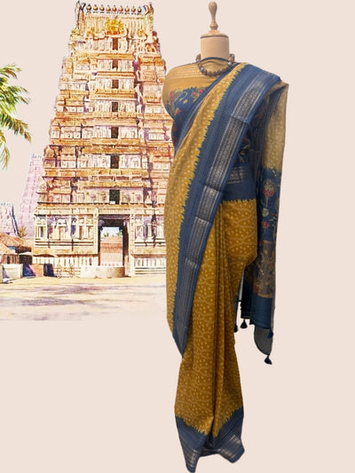 Virupaksha Mustard & Blue Moonga Cotton Saree