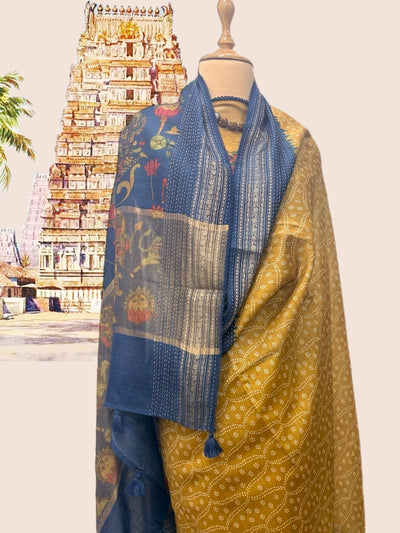 Virupaksha Mustard & Blue Moonga Cotton Saree
