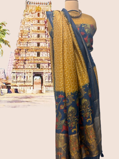Virupaksha Mustard & Blue Moonga Cotton Saree