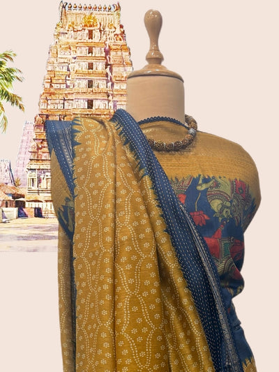 Virupaksha Mustard & Blue Moonga Cotton Saree