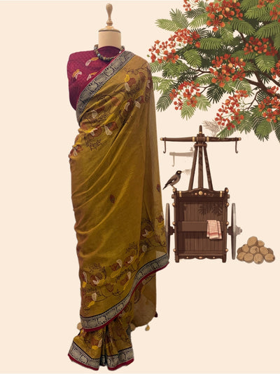 Konark Mustard Embroidered Cotton Saree