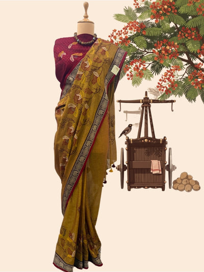 Konark Mustard Embroidered Cotton Saree