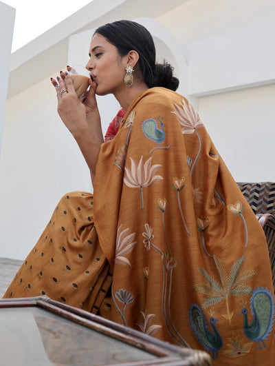 Mayuri Mustard Kashidakari work Saree