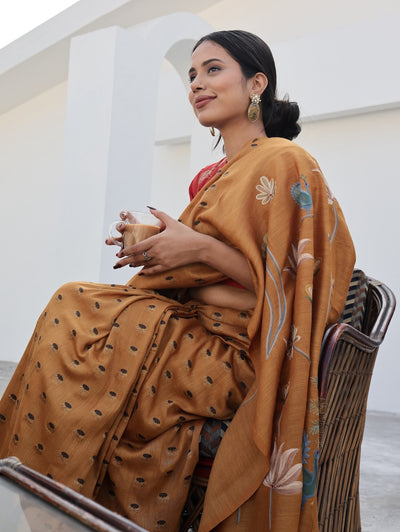 Mayuri Mustard Kashidakari work Saree
