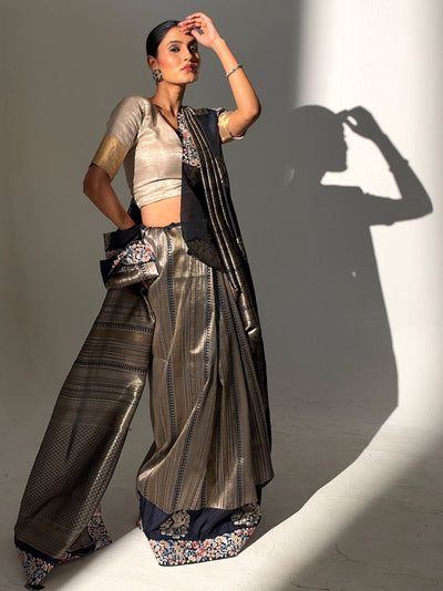 Noir Navy Blue Embroidered Brocade Saree
