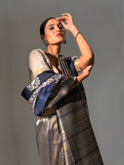 Noir Navy Blue Embroidered Brocade Saree
