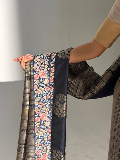 Noir Navy Blue Embroidered Brocade Saree