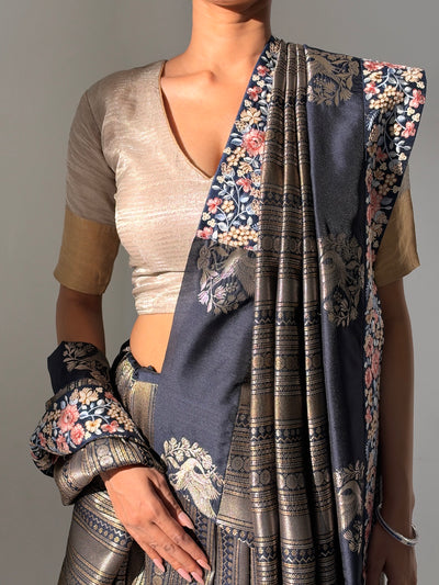 Noir Navy Blue Embroidered Brocade Saree