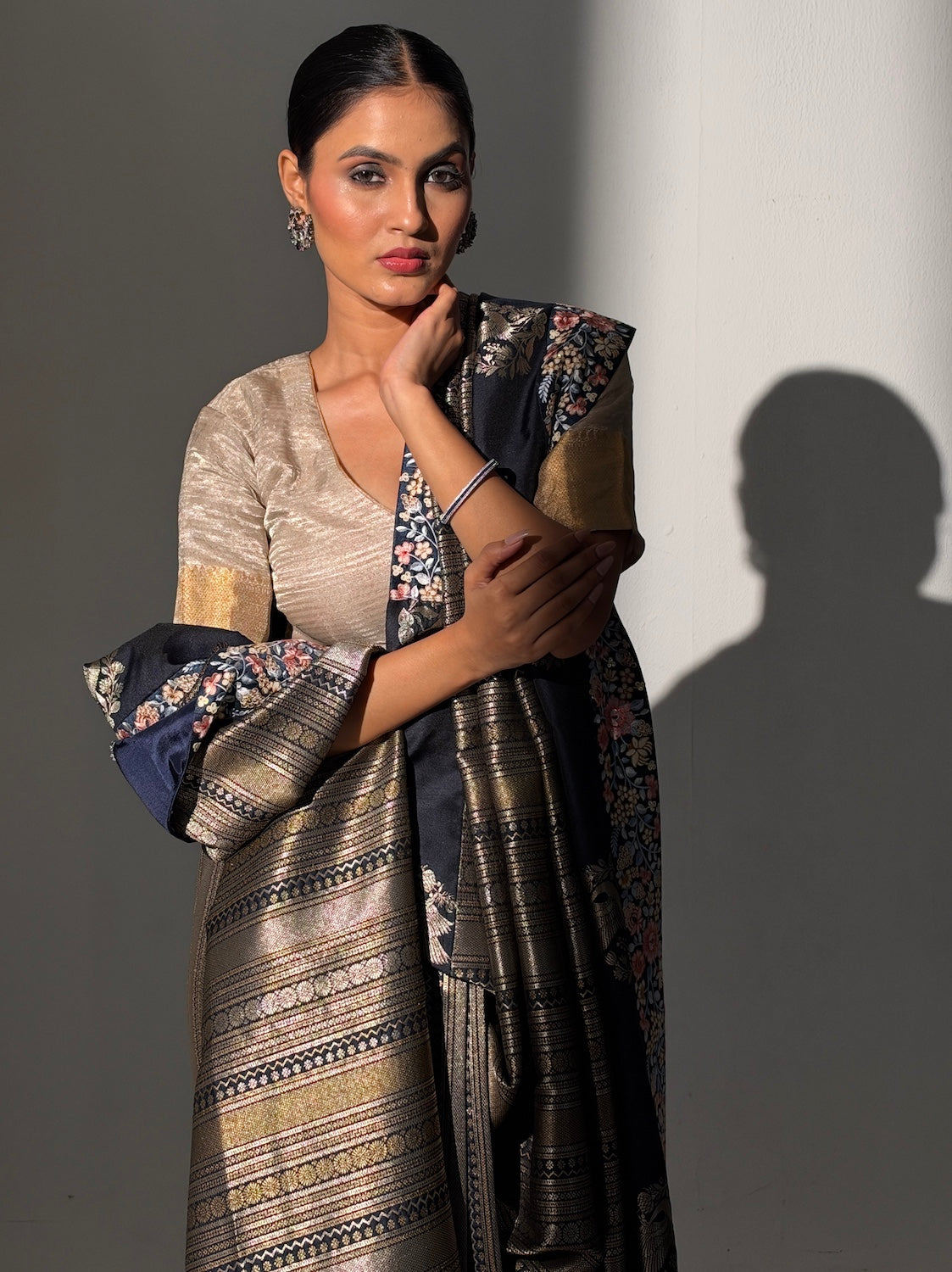 Noir Navy Blue Embroidered Brocade Saree