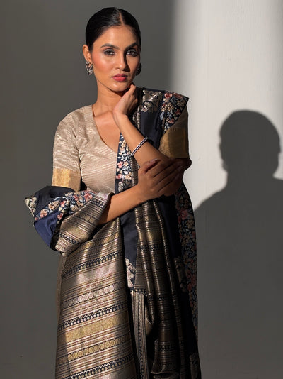 Noir Navy Blue Embroidered Brocade Saree