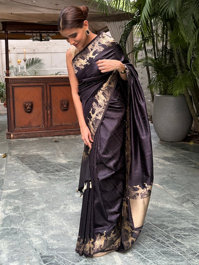 Nocturnal Animal Blue Katan Silk Saree