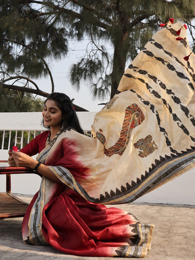 Kailasa Off White & Maroon Kalamkari Tussar Saree