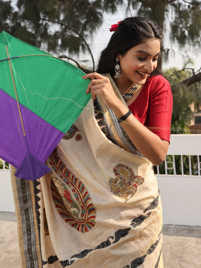 Kailasa Off White & Maroon Kalamkari Tussar Saree