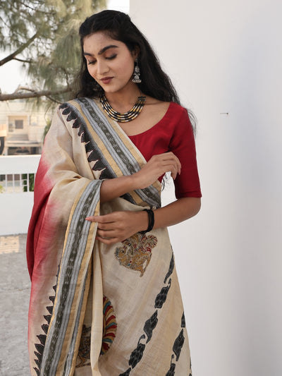 Kailasa Off White & Maroon Kalamkari Tussar Saree