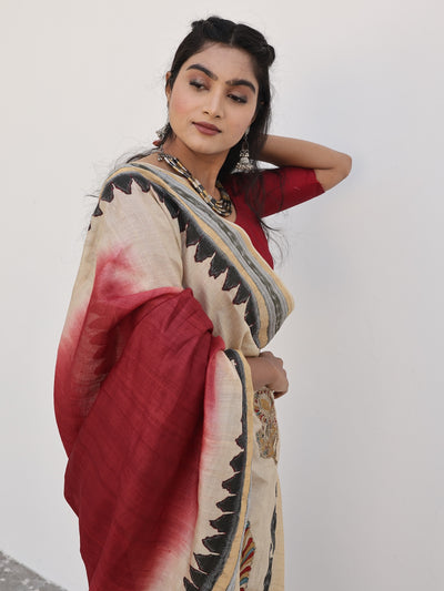 Kailasa Off White & Maroon Kalamkari Tussar Saree