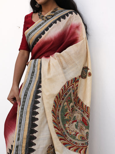 Kailasa Off White & Maroon Kalamkari Tussar Saree