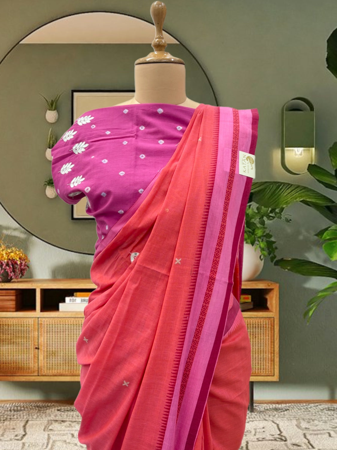 Orange & Pink Embroidered Cotton Saree