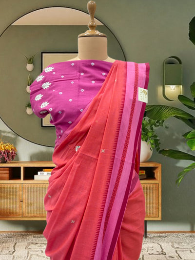 Orange & Pink Embroidered Cotton Saree