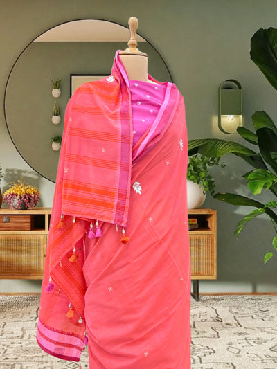 Orange & Pink Embroidered Cotton Saree