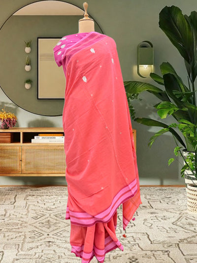 Orange & Pink Embroidered Cotton Saree