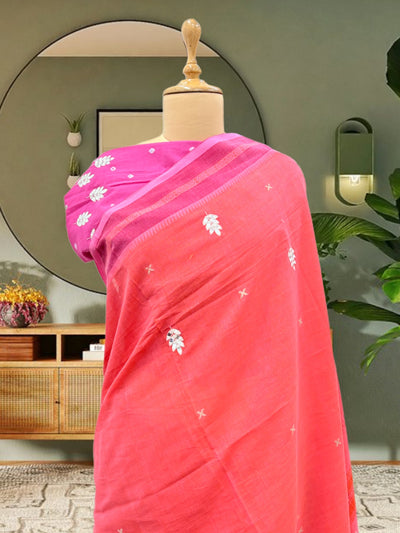Orange & Pink Embroidered Cotton Saree