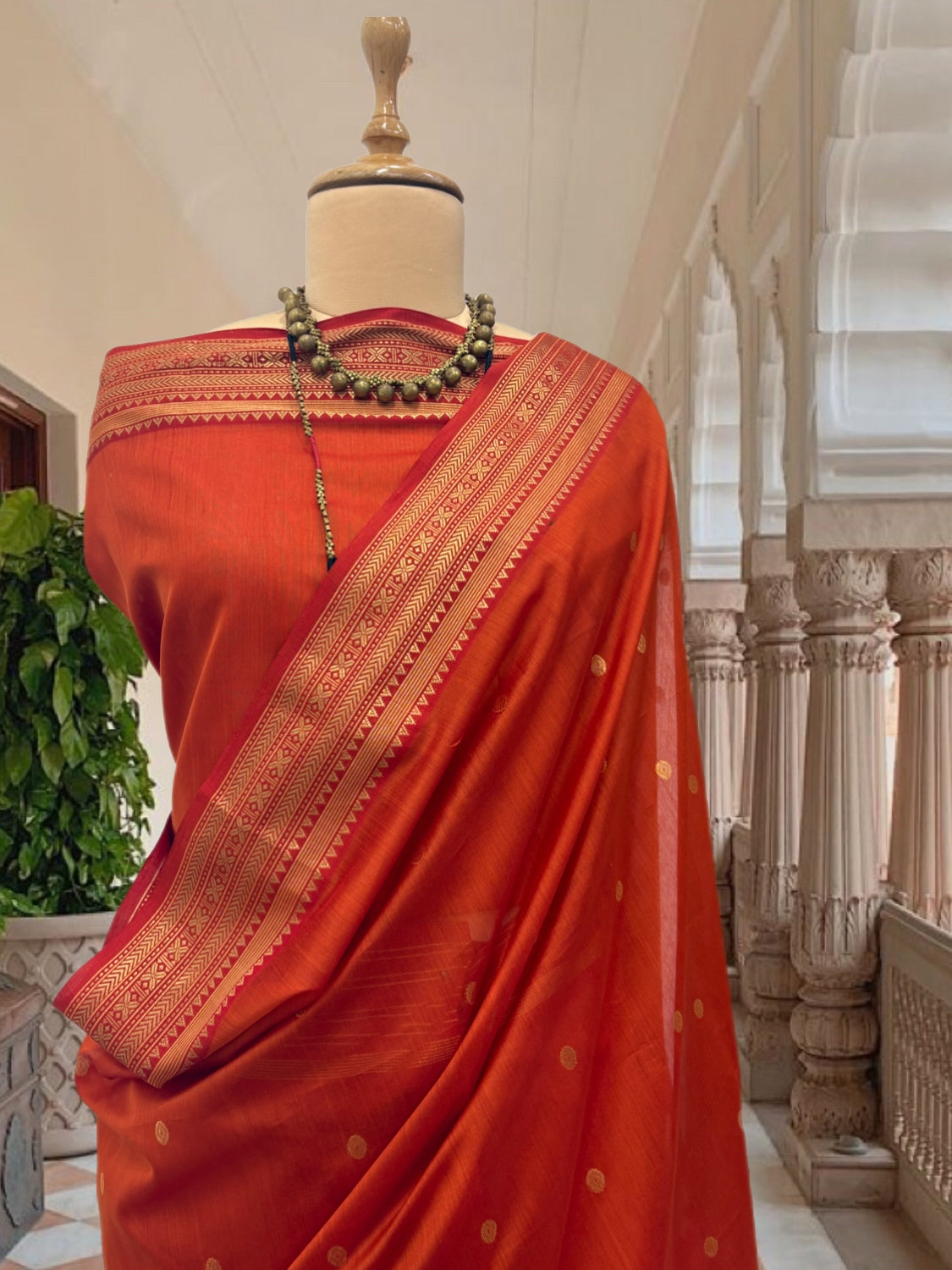Burnt Orange Cotton Chanderi Saree