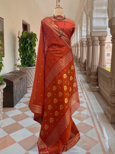 Burnt Orange Cotton Chanderi Saree
