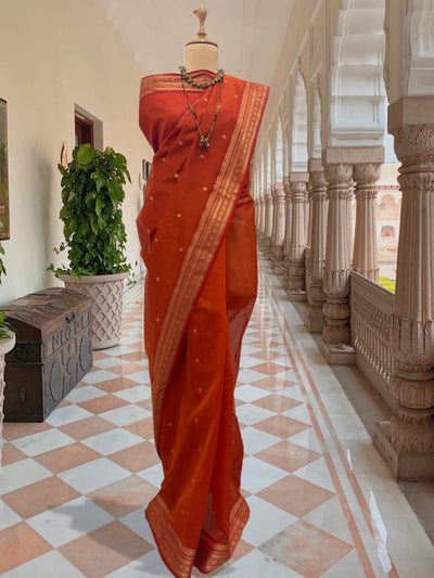 Burnt Orange Cotton Chanderi Saree
