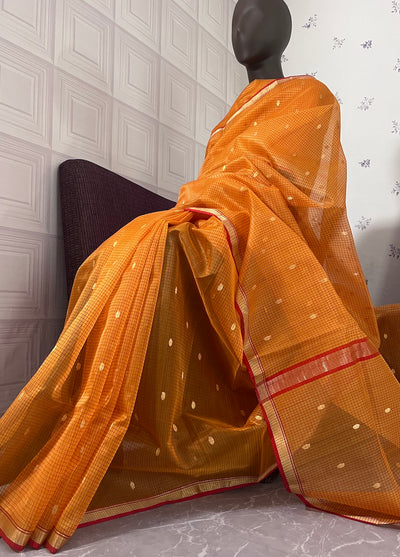 Capri Orange Checks Chanderi Saree