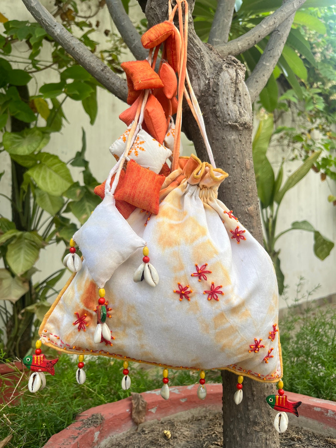 Banjaran Orange & White Cotton Potli