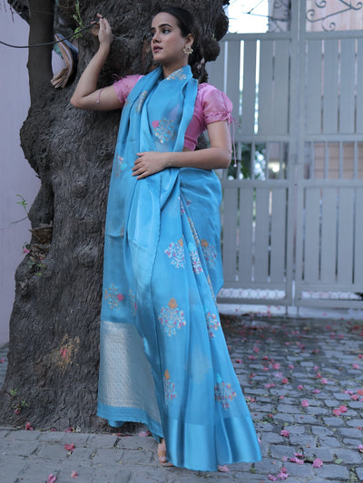 Delphi Blue Kora Chiffon Sari