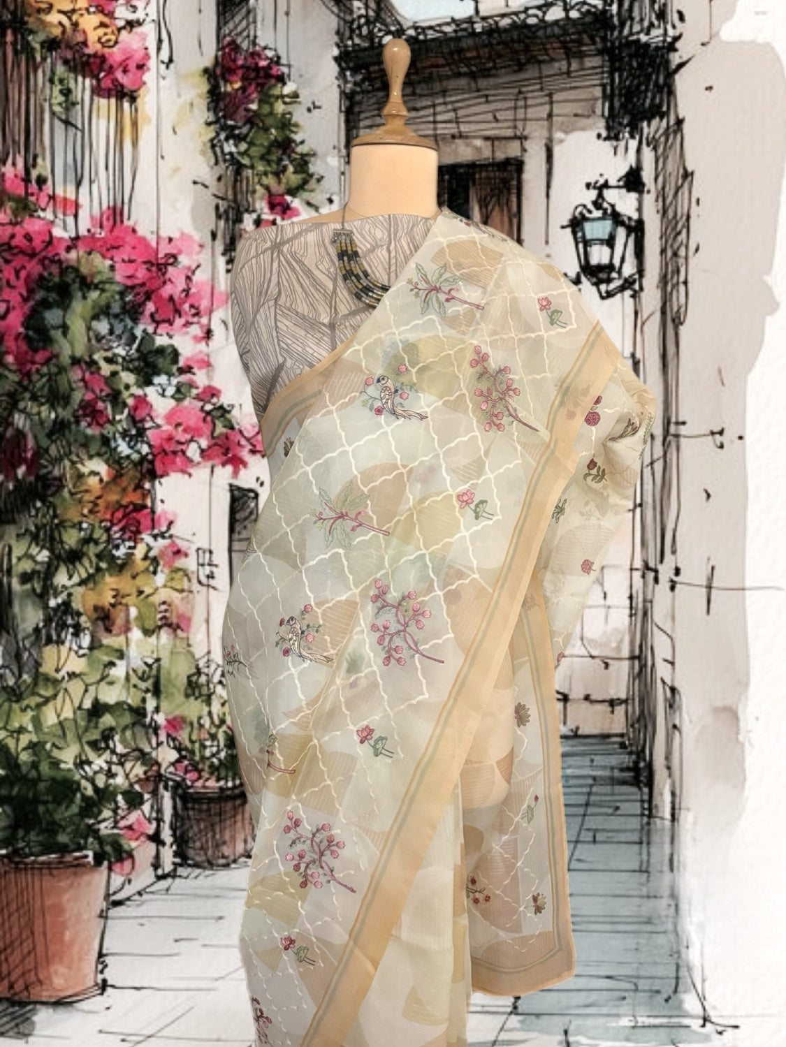 Poetic Beige Embroidered Organza Saree