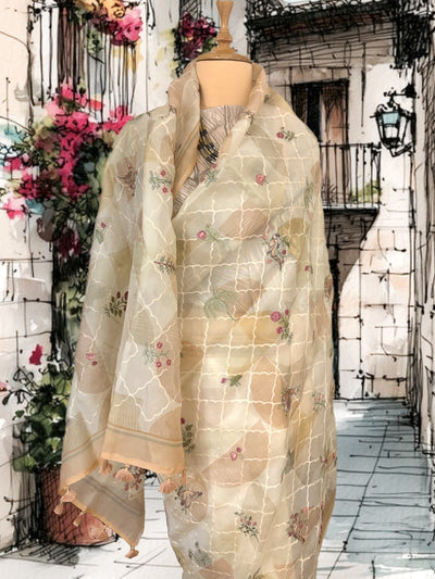 Poetic Beige Embroidered Organza Saree