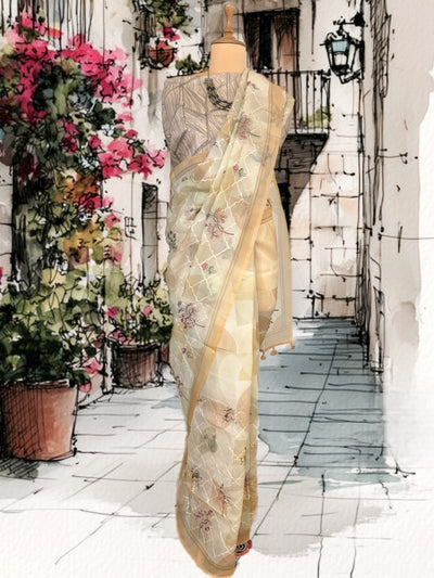 Poetic Beige Embroidered Organza Saree