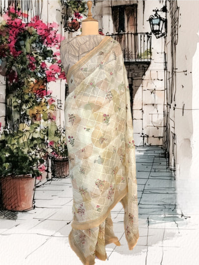 Poetic Beige Embroidered Organza Saree